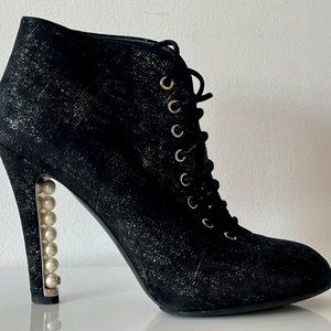 Chanel Black/Silver Suede Lace Pearl Ankle Boots